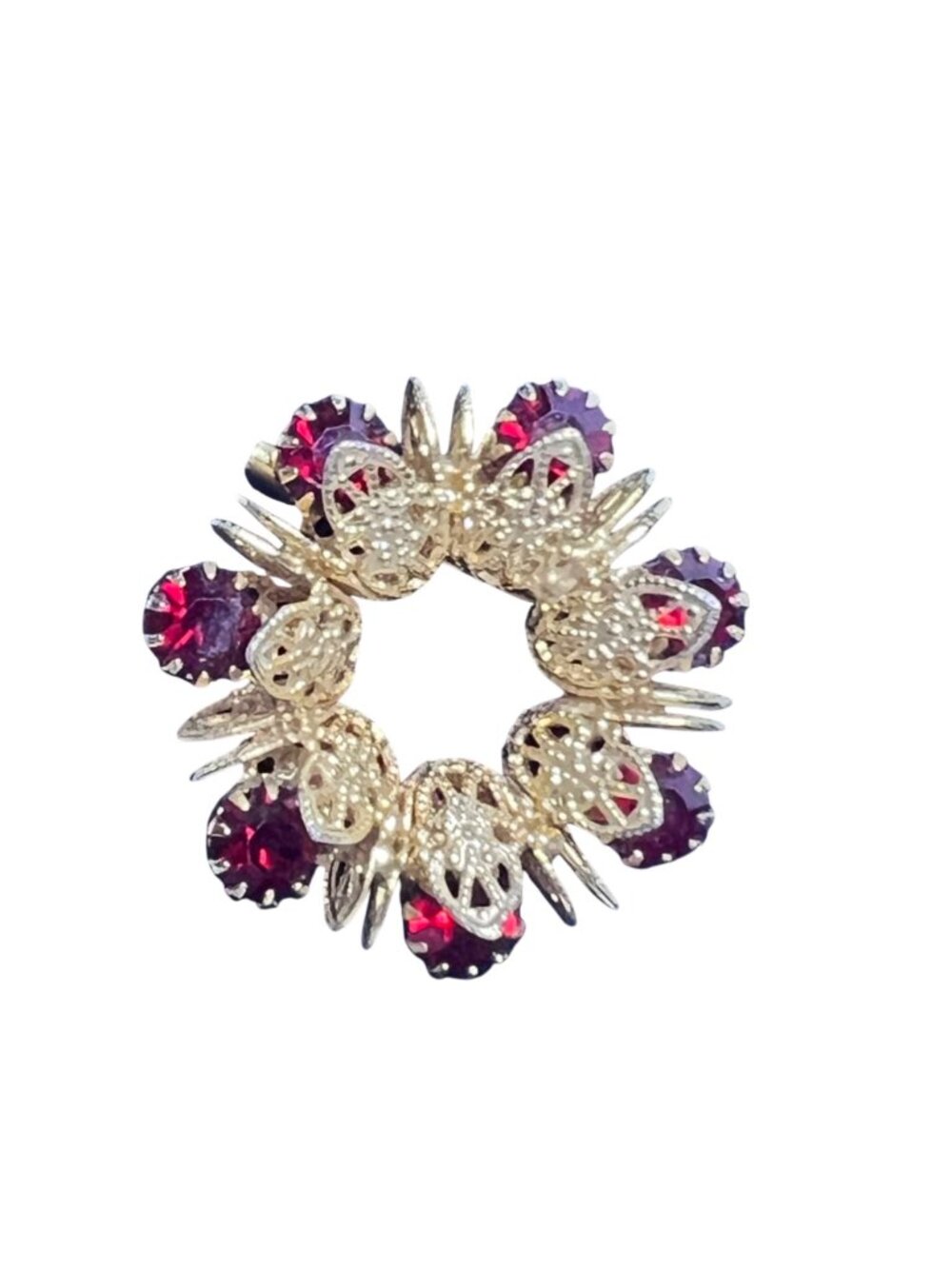 Gold Tone And Red Rhinestone Wreath Brooch With Matching Clip On Earrings (6424) - Picture 3 of 11